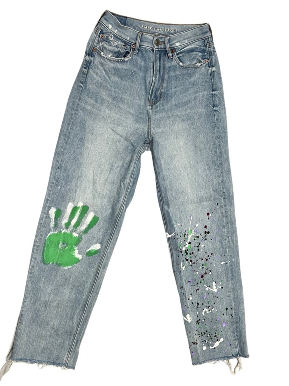 American Eagle Jeans Women's Sz 2 Custom Paint Splatter Baggy Straight Leg Denim